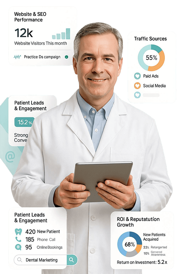Dental practice marketing dashboard showing SEO results, traffic sources, and lead generation metrics