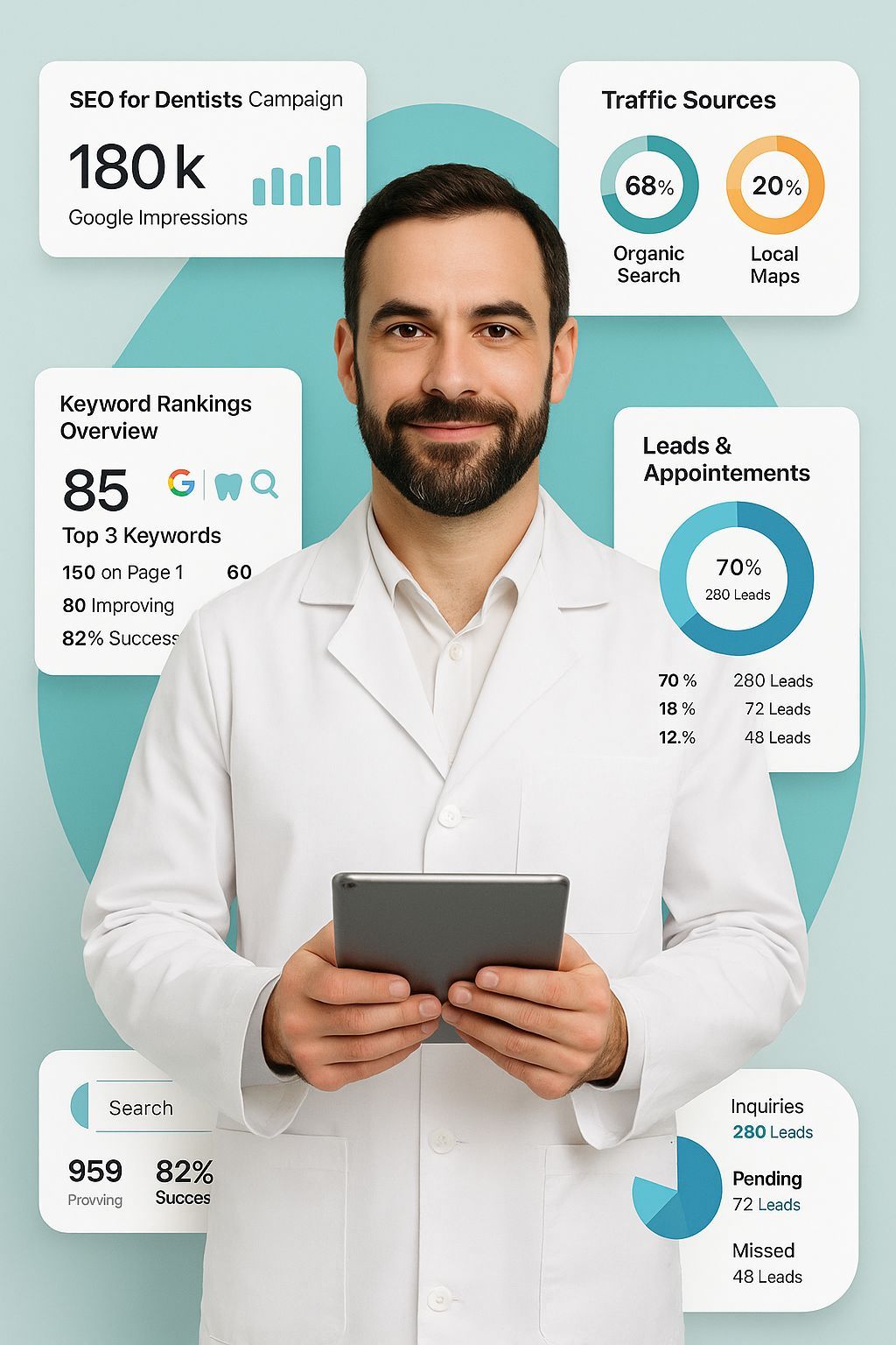 Dental backlink building dashboard showing domain authority growth, referring domains, and search ranking improvements